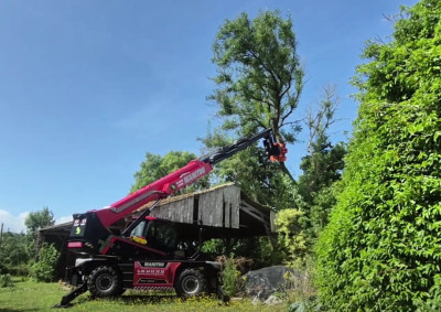 Démontage d'un frêne au dessus d'un hangar